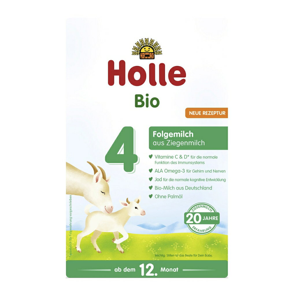 【Holle】Bio-Folgemilch 4 aus Ziegenmilch ab dem 12. Monat 内容量 400g(1箱) 広告文責（社名・連絡先電話番号） Kawaii Global GmbH、03-6311-4640 メーカー名 ホレ Holle 原産国名 ドイツ製 商品区分 オーガニック グラスフェッド粉ミルク 対応年齢 12ヶ月～12ヶ月〜の赤ちゃんに必要なたんぱく質・炭水化物・カルシウム・鉄分がたっぷり入っています。 味は母乳に近い味で、赤ちゃんにとって消化に良い良質なたんぱく質が多く含まれています。 生後12ヶ月〜の赤ちゃん用として作られた粉ミルクです。生後3年まで離乳食と一緒に飲ませる事ができます。 やぎのミルクには牛乳と比べると、たんぱく質、脂質、カルシウムやビタミン類が豊富にふくまれています。 山羊のミルクは赤ちゃんにとっても栄養も含めアレルギーの原因となる「aS1-カゼイン」という成分が含まれていないなどとてもよいとされています。 ヤギのミルクには牛の粉ミルクに比べてたくさんの栄養素が含まれています。 やぎミルクには特に赤ちゃんに必要なアミノ酸が豊富に含まれていて、赤ちゃんがすくすく育っていく栄養素がたっぷりです。 山羊ミルクはタウリンを豊富に含んでいるのも特徴です。 約牛乳の20倍も含まれており赤ちゃんが飲む母乳と同量のタウリンが含まれています。 Holle(ホレ)社の粉ミルクとは 自然豊かなアルプス山脈で育てられた牛、ヤギのミルクから作られており、1933年創業当初から80年以上、今も変わらず無添加の製品にこだわり続けています。牛、ヤギは生態系のサイクルを尊重し育てられており、自然に近くストレスのない環境で自然に生えてきた雑草を食べて育てられます。 Holle (ホレ)社とは オーガニック先進国の多いヨーロッパにおけるオーガニック購入者がもっとも信頼をしているコンテストである[エコテスト(OKOTEST)]で【Very Good】の評価を受けているオーガニックベビーフードメーカーです。スイスを始め、ドイツ、ヨーロッパ全域、アメリカからも高い評価を受けています 材料成分 全ヤギミルク*、乳糖*、全ヤギミルクパウダー*、植物油* (ヒマワリ油*、菜種油*)、マルトデキストリン*、デンプン*、炭酸カルシウム、クエン酸カリウム、クエン酸ナトリウム、微細藻類シゾキトリウム種由来の油 、ビタミンC、L-チロシン、L-シスチン、L-トリプトファン、炭酸マグネシウム、硫酸鉄、硫酸亜鉛、ビタミンE、パントテン酸、ナイアシン、硫酸銅、ビタミンB1、ビタミンA、ビタミンB6、葉酸、 硫酸マンガン、ヨウ化カリウム、ビタミンK1、亜セレン酸ナトリウム、ビオチン、ビタミンD、ビタミンB12 * 有機農業から 100 g の乳児用粉ミルクは 320 ml の全乳から作られます。 DHA (オメガ 3:法的に義務付けられています) が含まれています。 賞味期限 商品下部付近に記載（日/月/年） 保存方法 開封前は直射日光、高温多湿を避け、開封後は乾燥した場所（冷蔵庫ではない）に保管し3週間以内にご使用ください。 注意事項 ※お客様が通常と同じお買い物ステップで安心して海外の商品を購入できるよう、楽天市場から指定を受けた委託先である（株）コマースロボティクスがが、当店の店舗運営業務を行います。・当店でご購入された商品は、原則として、「個人輸入」としての取り扱いになり、全てドイツのベルリンからお客様のもとへ直送されます。・個人輸入される商品は、全てご注文者自身の「個人使用・個人消費」が前提となりますので、ご注文された商品を第三者へ譲渡・転売することは法律で禁止されております。 ・通関時に関税・輸入消費税が課税される可能性がありますが、関税、輸入消費税、通関手数料等が発生した場合は当店で負担致しますのでご安心ください。関税をお支払いいただいたお客様は、お問い合わせフォームからご連絡をお願い致します。＊色がある場合、モニターの発色の具合によって実際のものと色が異なる場合がございます。※ホレ Holle 粉ミルクの ”2箱以下” はドイツ郵便から、簡易的な梱包(プチプチと封筒)での発送となりますがご了承くださいませ。