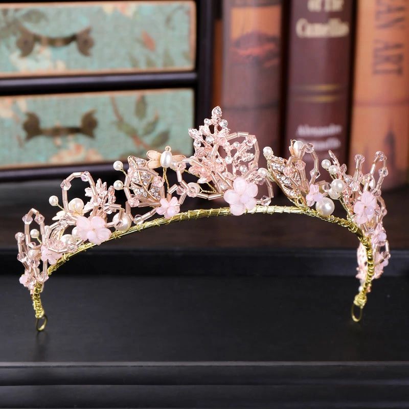 結婚式 ウエディング ティアラ ピンク 可愛い 披露宴 ゴールド 桜色 ブライダル tiara 花嫁 髪飾り 花 成人式 卒業式 女子会 ウェディングティアラ ビーズ