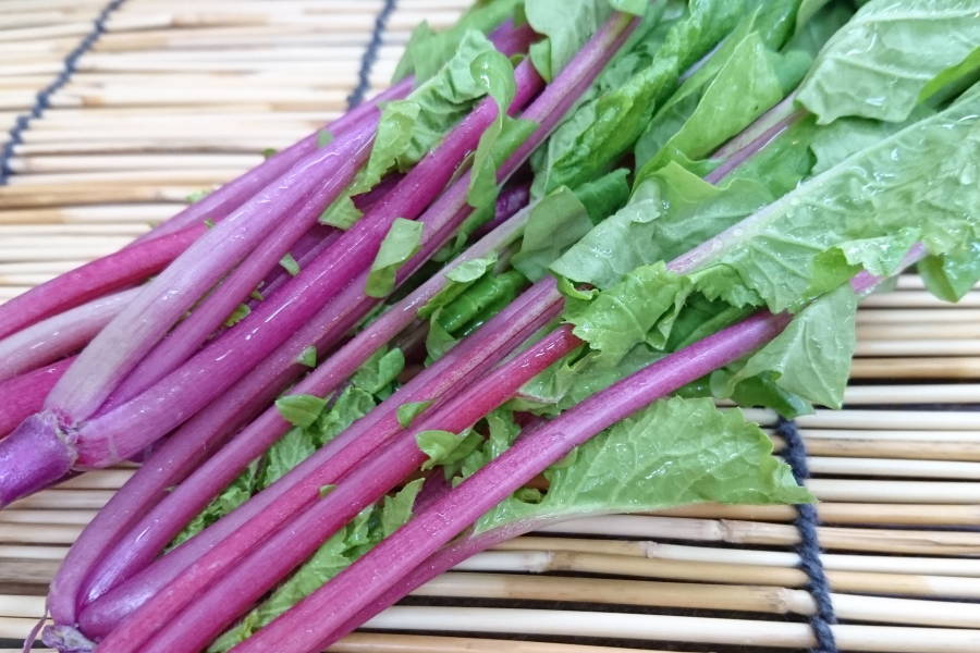 葉だいこんは、葉っぱを食べるためだけに作られている野菜です。 その名のとおり、大根の葉です。育て方の工夫により葉に栄養がゆくため、大根は根のようについています 普通は、緑色をしていますが、当店のオススメは とてもキレイな 軸の赤い葉だいこんです。 コントラストが綺麗なこのだいこん葉はサラダにもオススメ 必要最低限のみの農薬で育てているためとってもヘルシーで 体にやさしいお野菜です。 ツヤのある葉はとても柔らかく大根特有の風味も豊かですが、 くせがなく根と一緒に刻んで浅漬けや和え物、炒め物や味噌汁、 炒め煮にと幅広く お料理していただけます。 【当店オリジナル野菜】ですから他では手に入りません！！ お浸しに、炒め物に、あれこれつかって、軸部分は お味噌汁のトッピングにが定番コースです。 まさに捨てるところなし！！全部美味しく召し上がれ 体に優しいお野菜をぜひ毎日の食卓に。