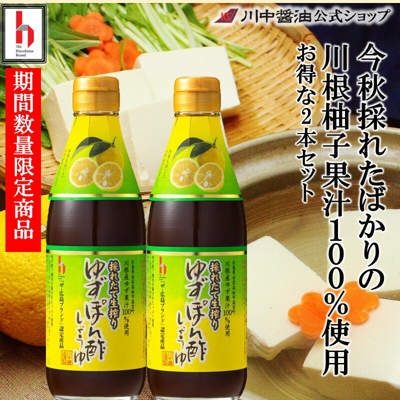 期間数量限定 広島県川根柚子 無農薬 鍋 調味料 ポン酢 【T-Y2】採れたて生搾りゆずぽん酢しょうゆ360ml　2本セット高級 プレゼント 人気 国産 天然 ギフト 芳醇天然かけ醤油 だし醤油 調味料 出汁 時短料理 川根柚子 贅沢 ぶりしゃぶ 川中醤油公式のサムネイル