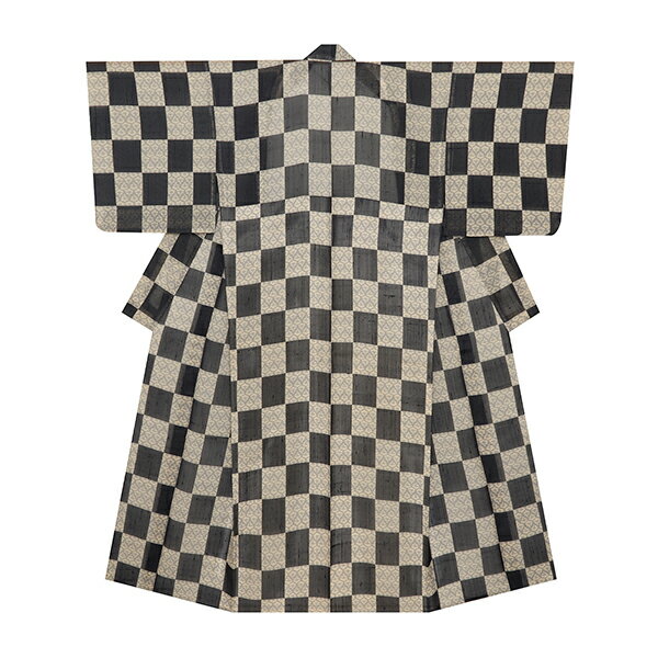 市松取に花の模様 小紋紬紗 単衣着物【中古】