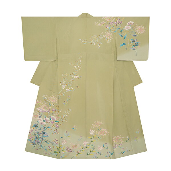 いろいろな草花の模様手描友禅訪問着　絽着物【中古】