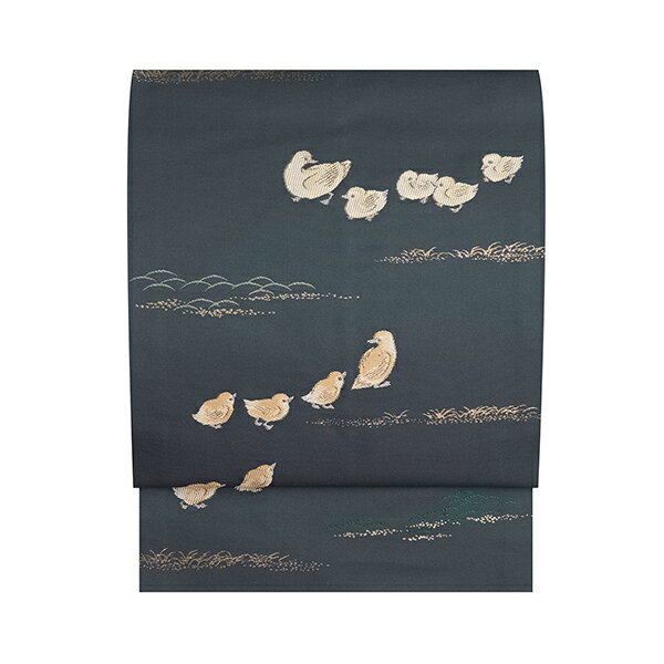 鳥の親子の模様織　名古屋帯【中古】