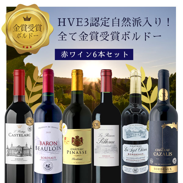 【5月おまけ企画】【6本セット送料無料】HVE3認定自然派入り！すべて金賞受賞ボルドー赤ワイン 6本セット750ml×6本＜ワインセット＞ 辛口ワイン 金賞ワイン 金賞受賞ワイン [T.3730.0.SE]