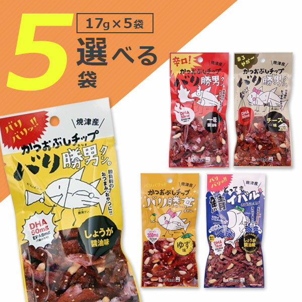 【メール便で送料無料(3cm)】 【選べる5袋セット】かつおぶしチップス バリ勝男クン。ピーナッツ入りしょうが醤油味・一味醤油味・チーズ味・ ゆず味・鯖イバルチップスいずれか 17g×5袋 ＜おつまみ＞ ※メール便配送[T.1322.1.SE]