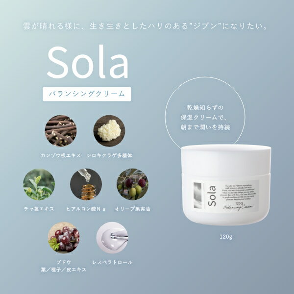 Sola(ソラ) バランシングクリーム 120g ヒト幹細胞培養エキス 塗るボトックス アルジレリン リポソーム 美容クリーム 基礎化粧品 ハリ 輝くツヤ 乾燥 高保湿 ヒアルロン酸 表情ジワ しわ エイジングケア 肌荒れ 年齢肌 毛穴 くすみ 高級な香り 日本製