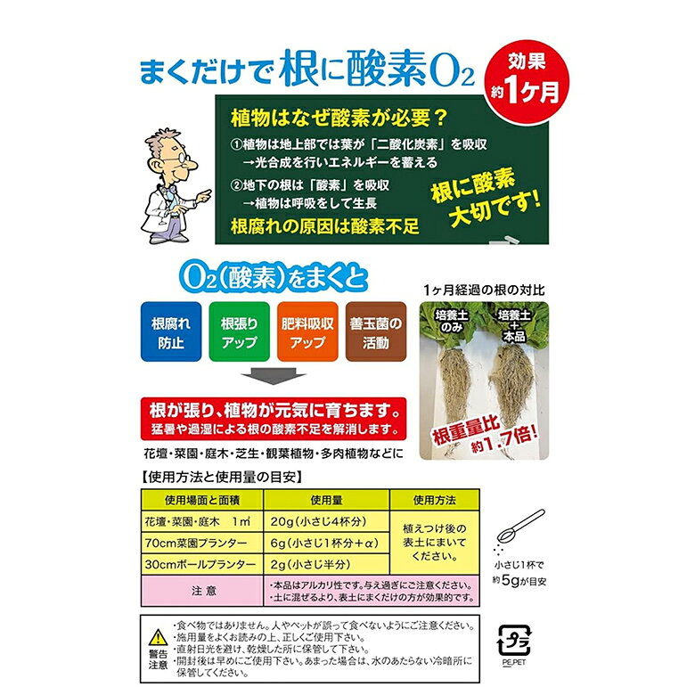 雨や猛暑対策に株の周りに“ちょこっと”まくだけ まくだけで根に酸素O2 200g 園芸 ...