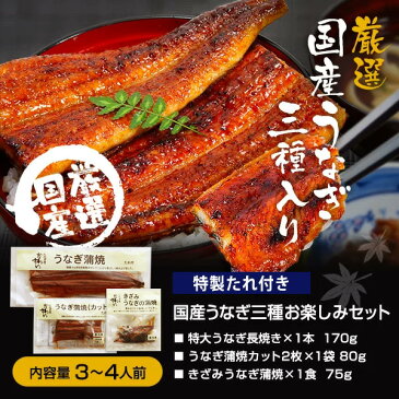 [9年連続グルメ大賞]特大国産うなぎ蒲焼き3種セット[送料無料 うなぎ ウナギ 鰻 蒲焼き 国内産 国産 土用の丑の日][ギフト 父 誕生日 食べ物 プレゼント お誕生日 お祝い お礼 お返し バレンタイン チョコ以外 内祝い 退職祝い 父の日][MP][SE][あす楽]