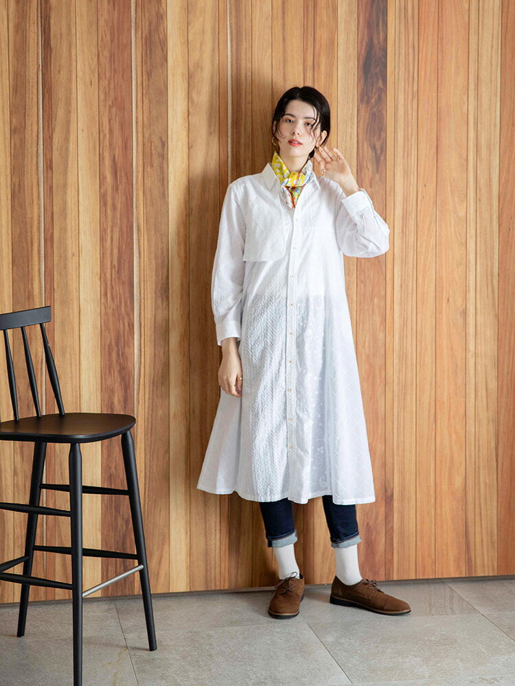 河谷シャツ Street (シテ・デュ・ミディ) シャツワンピース / k241-2303 / 全2色 ホワイト ピンク / 全2サイズ S M / シャツ ワンピース シャツコート ロング ドレス 長袖 レディース 女性 / Aライン 刺繍 花柄 ボタニカル 体型カバー 大きいサイズ コットン