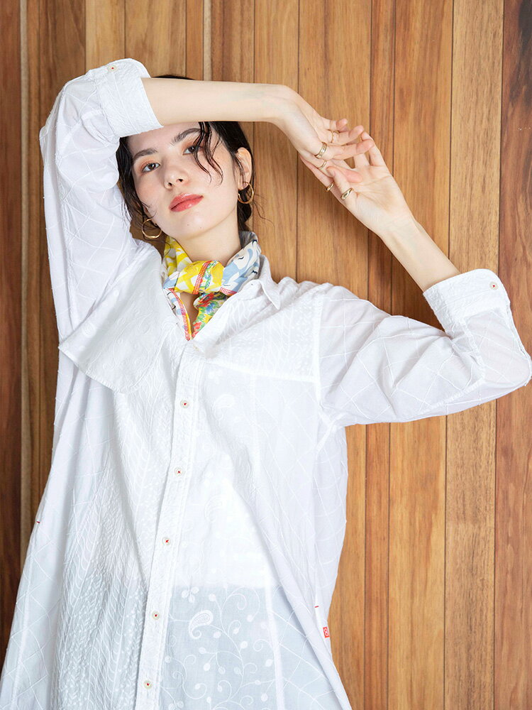 河谷シャツ Street (シテ・デュ・ミディ) シャツワンピース / k241-2303 / 全2色 ホワイト ピンク / 全2サイズ S M / シャツ ワンピース シャツコート ロング ドレス 長袖 レディース 女性 / Aライン 刺繍 花柄 ボタニカル 体型カバー 大きいサイズ コットン