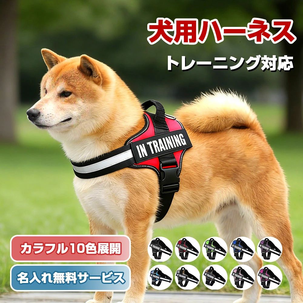 犬用トレーニングルーネス カラフル10色から選べる XS〜XXL対応 胴輪 単品 名入れ イニシャル 簡単装着 引っ張り防止 抜けない 小型犬〜大型犬用 散歩・しつけに最適 軽量アジャスタブル ペットハーネス 迷子防止 通気性