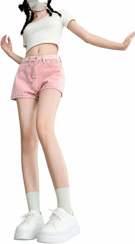 ショートパンツ レディース ハイウエスト デニム 夏 コットン 体型カバー カジュアル 脚長効果 キュロット 短パン ピンク