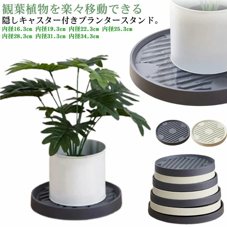 観葉植物を楽々移動できる隠しキャスター付きプランタースタンド。キャスターが目立たないスッキリとしたデザイン、屋内のどんな空間にもフィットするので、インテリアグリーンのレイアウトの幅を広げる 植木鉢トレー。360度回転で移動したい方向にスムーズに動かせるから、室内で観葉植物を育てるときに大変な掃除や模様替えなどが手軽に行えるコロコロ付き鉢置き台。溝とふちの立ち上がり設計が通気性よく、観葉植物を元気に育てられます。水をこぼしてしまった場合でも、受け止めてくれるので安心のフラワースタンド。 サイズ 内径16.3cm 内径19.3cm 内径22.3cm 内径25.3cm 内径28.3cm 内径31.3cm 内径34.3cm サイズについての説明 内径16.3cm 内径19.3cm 内径22.3cm 内径25.3cm 内径28.3cm 内径31.3cm 内径34.3cm※サイズ表の実寸法は商品によって1-3cm程度の誤差がある場合がございます。 素材 プラスチック 色 ベージュ グレー 備考 ●サイズ詳細等の測り方はスタッフ間で統一、徹底はしておりますが、実寸は商品によって若干の誤差(1cm〜3cm )がある場合がございますので、予めご了承ください。 ●製造ロットにより、細部形状の違いや、同色でも色味に多少の誤差が生じます。 ●パッケージは改良のため予告なく仕様を変更する場合があります。 ▼商品の色は、撮影時の光や、お客様のモニターの色具合などにより、実際の商品と異なる場合がございます。あらかじめ、ご了承ください。 ▼生地の特性上、やや匂いが強く感じられるものもございます。数日のご使用や陰干しなどで気になる匂いはほとんど感じられなくなります。 ▼同じ商品でも生産時期により形やサイズ、カラーに多少の誤差が生じる場合もございます。 ▼他店舗でも在庫を共有して販売をしている為、受注後欠品となる場合もございます。予め、ご了承お願い申し上げます。 ▼出荷前に全て検品を行っておりますが、万が一商品に不具合があった場合は、お問い合わせフォームまたはメールよりご連絡頂けます様お願い申し上げます。速やかに対応致しますのでご安心ください。