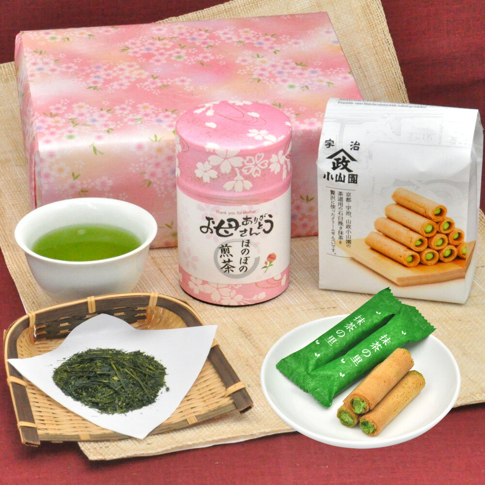 母の日 誕生日 プレゼント お茶 煎茶 80gと お茶菓子（抹茶の里）セット（ 桜缶入 ） ギフト 2024 80代 緑茶 誕生日 敬老の日