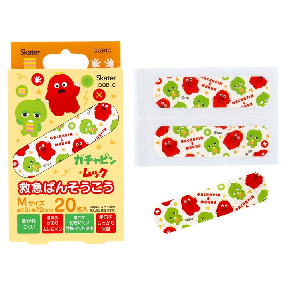 ばんそうこう ガチャピン ムック 救急絆創膏 20枚入り SKATER スケーター 子供 可愛い 携帯用 Mサイズ72×19mm 683428-QQB1C ◆メ