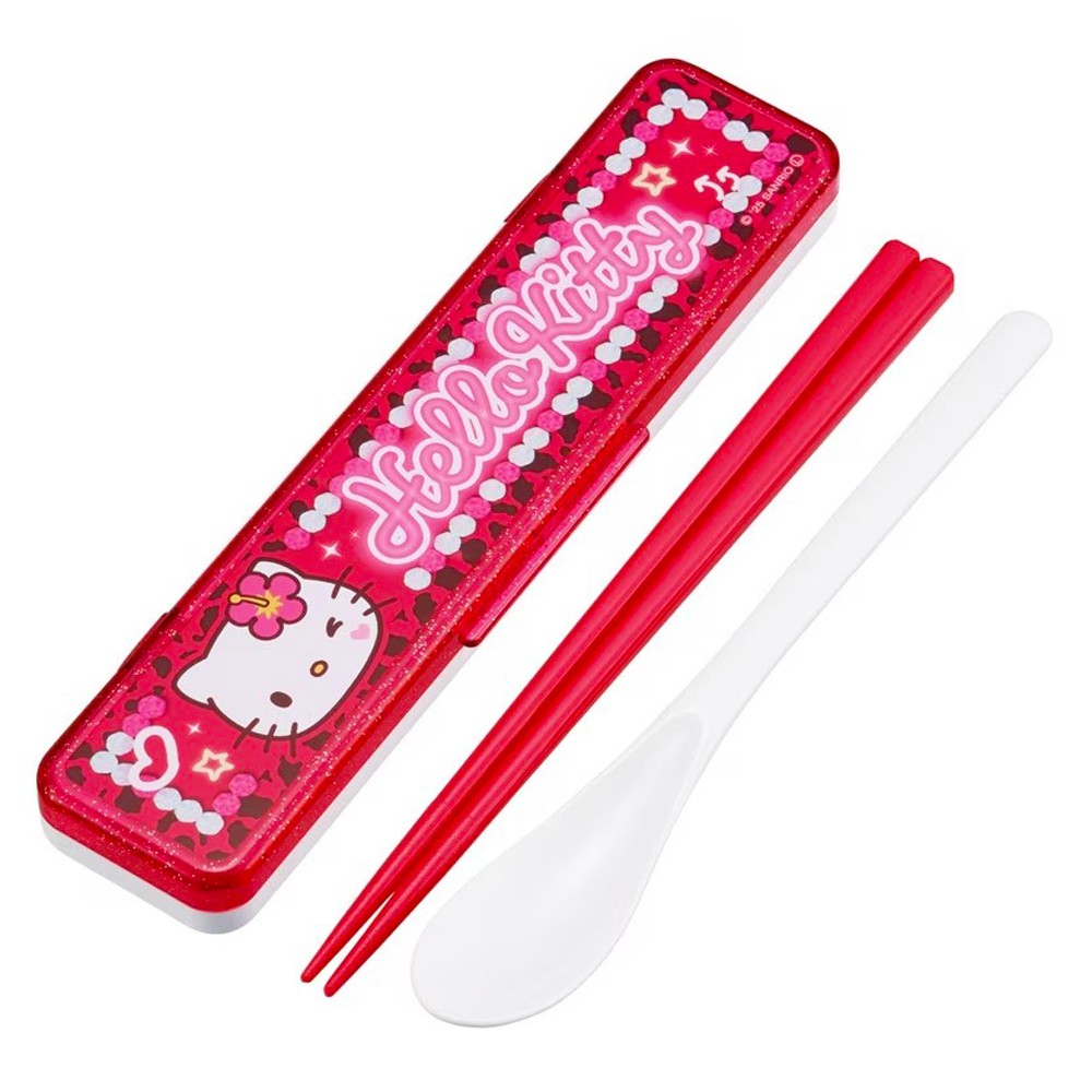 弁当用箸 ハローキティ スクール 音のならないコンビセット SKATER スケーター 子供 箸/スプーン18cm すべり止め加工(箸先端) 収納ケース 552052-CCS3SA ◆メ
