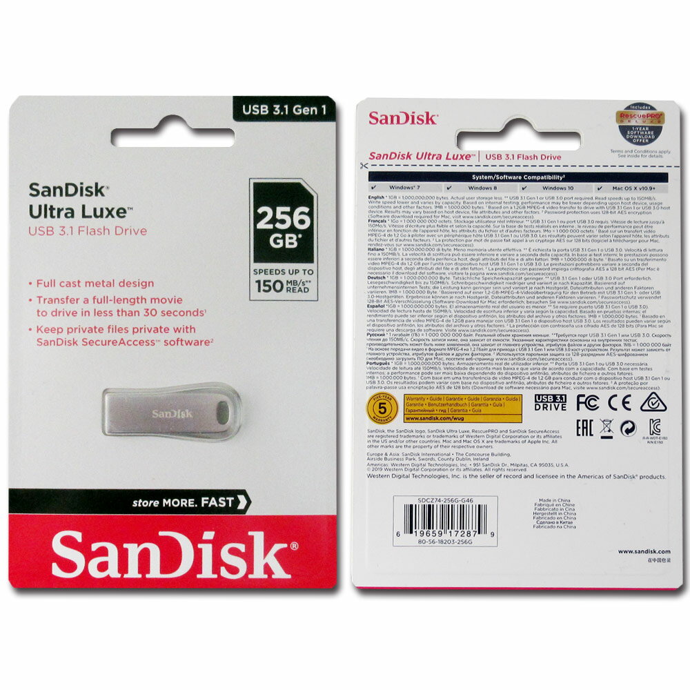 USBメモリ USB 256GB USB3.1 Gen1(USB3.0) SanDisk サンディスク Ultra Luxe 全金属製デザイン R:150MB/s 海外リテール SDCZ74-256G-G46 ◆メ