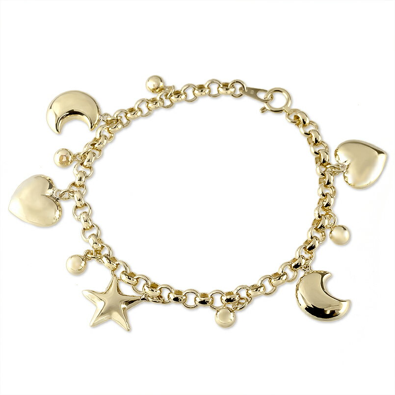 【最短発送】18金 ブレスレット 星 月 ハート 丸玉 大ぶり 太め 中空 ゴールド イエローゴールドK18 18k 三日月 ムーン スター 普段使い 男女兼用...