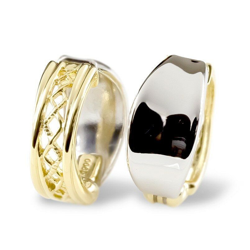 【最短発送】 18金 プラチナ ピアス メンズ レディース イヤリング ピアリング 透かし アンティーク リバーシブル シンプル シンプル 地金 イエローゴールドk18 コンビ 透かし プラチナ900 フープイヤリング ノンホールピアス