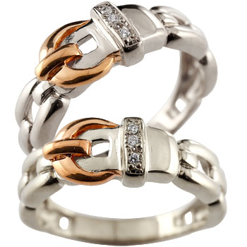 18金 ペアリング 結婚指輪 マリッジリング プラチナ ピンクゴールドk18 コンビ ダイヤモンド ダイヤ ベルト バックル デザイン 2本セット 18k 笑顔になるジュエリー お守り 大きいサイズ対応