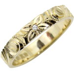 ハワイアンジュエリーダイヤモンド指輪イエローゴールドk18オリジナル手彫りハワイアンリング一粒ダイヤモンドミル打ち