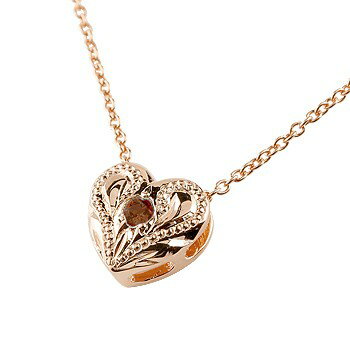 ハワイアンジュエリー ハート ネックレス ガーネット ピンクゴールドk18 ペンダント プチネックレス 18k マイレ ミル打ちデザイン ネックレス レディース