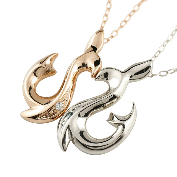 18金 ネックレス ハワイアンジュエリー マリンジュエリー ペアペアペンダント ホワイトゴールドk18 ピンクゴールドk18 フィッシュフック k18 ホエールテール 釣針 レディース メンズ 笑顔になるジュエリー お守り