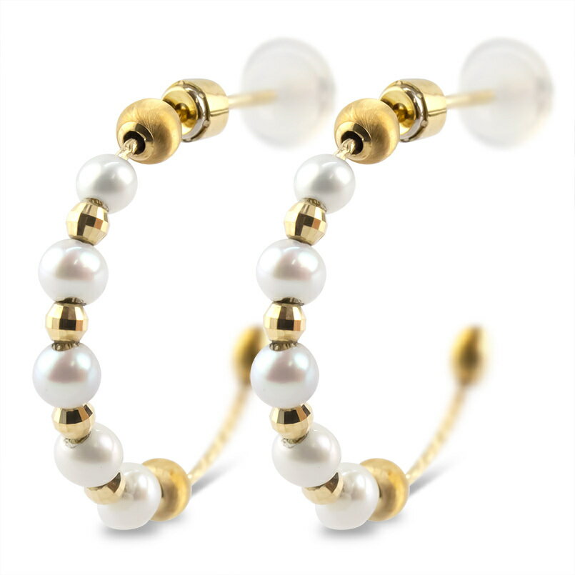 【最短発送】 18金 ピアス フープピアス ベビーパール リング イエローゴールドk18 ミラーボール カッ..