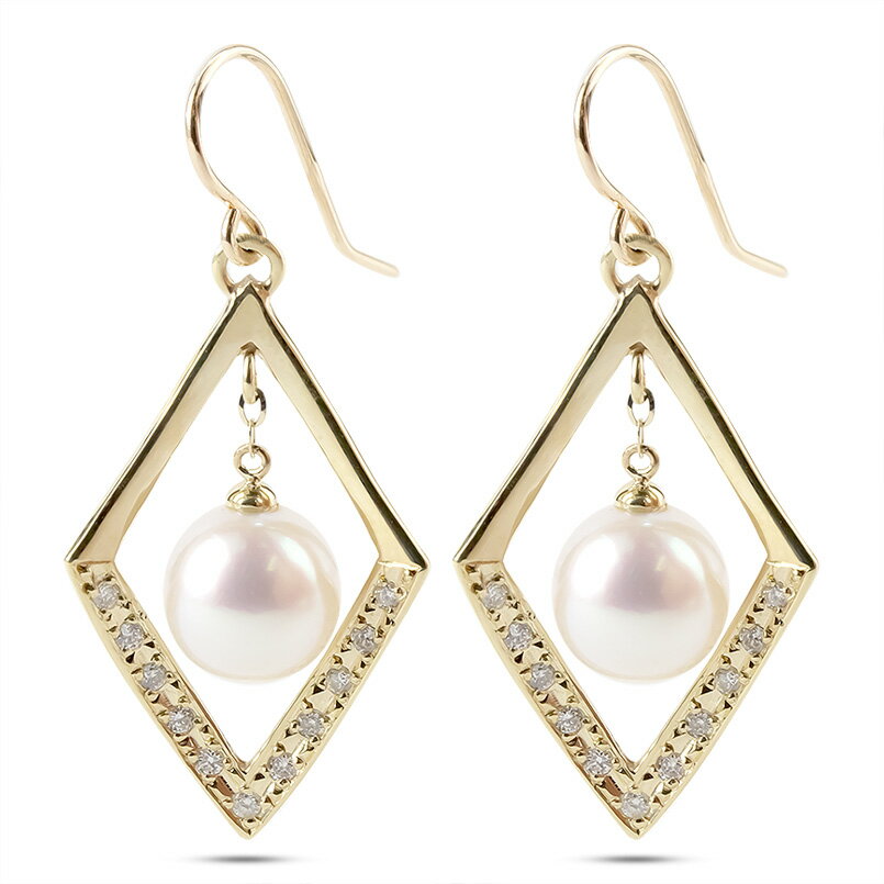 かざり屋 ジュエリー 30代 40代 50代 【最短発送】 10金 ピアス ゴールド ペア パール アコヤ真珠 ダイヤモンド レディース イエローゴールドk10 フックゆれる 女性 シンプル