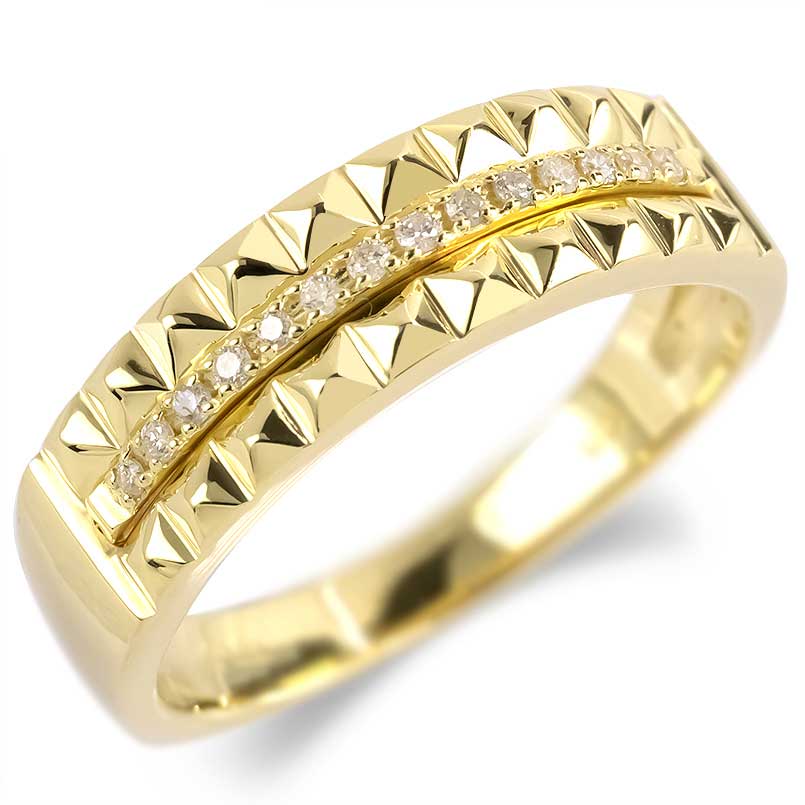 18金 リング ダイヤモンド ゴールド イエローゴールドk18 18k 太め 幅広 指輪 スタッズ シンプル 男女兼用 婚約指輪 エンゲージリング プロポーズリ...