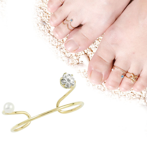 18金 リング トゥイエローゴールドk18 足の指輪 足指 フリーサイズベビーパール ダイヤモンド ファランジピンキーとしてもOk 18k 4月誕生石 レディース 大きいサイズ対応