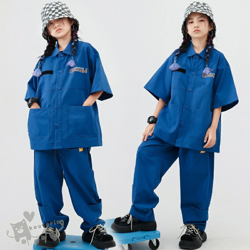 K-PO ワークシャツ パンツ シャツ ガールズ 男の子 派手 キッズ ダンス衣装 ファッション ヒップホップ 黒トップス セットアップ
