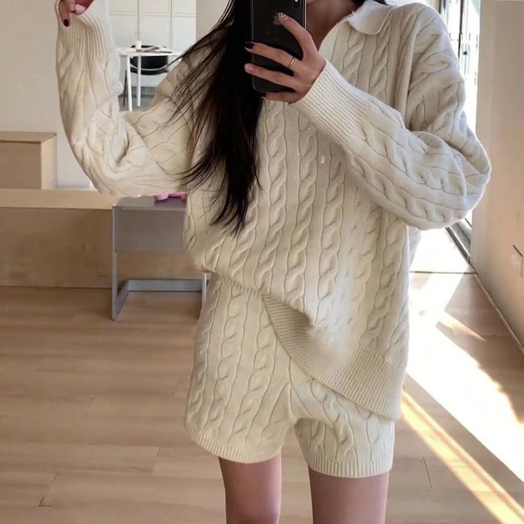 ファッション 多色 サイズ展開 服装 おしゃれ 女性 カジュアル 気質 2点セット ショートパンツ ニット + 上衣 麻花 ポロ襟