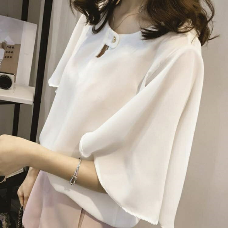 春夏 トップス ゆったり フレアブラウス フレアスリーブ とろみシャツ シャツブラウス 無地 半袖 シフォンブラウス レディース