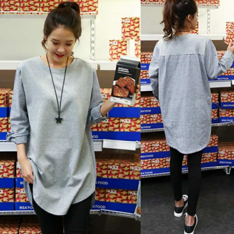 カジュアル フェミニン感 着痩せ ゆったり 体型カバー ストライプ柄 ドッキング 春秋物 トップス レディース 長袖 チュニック