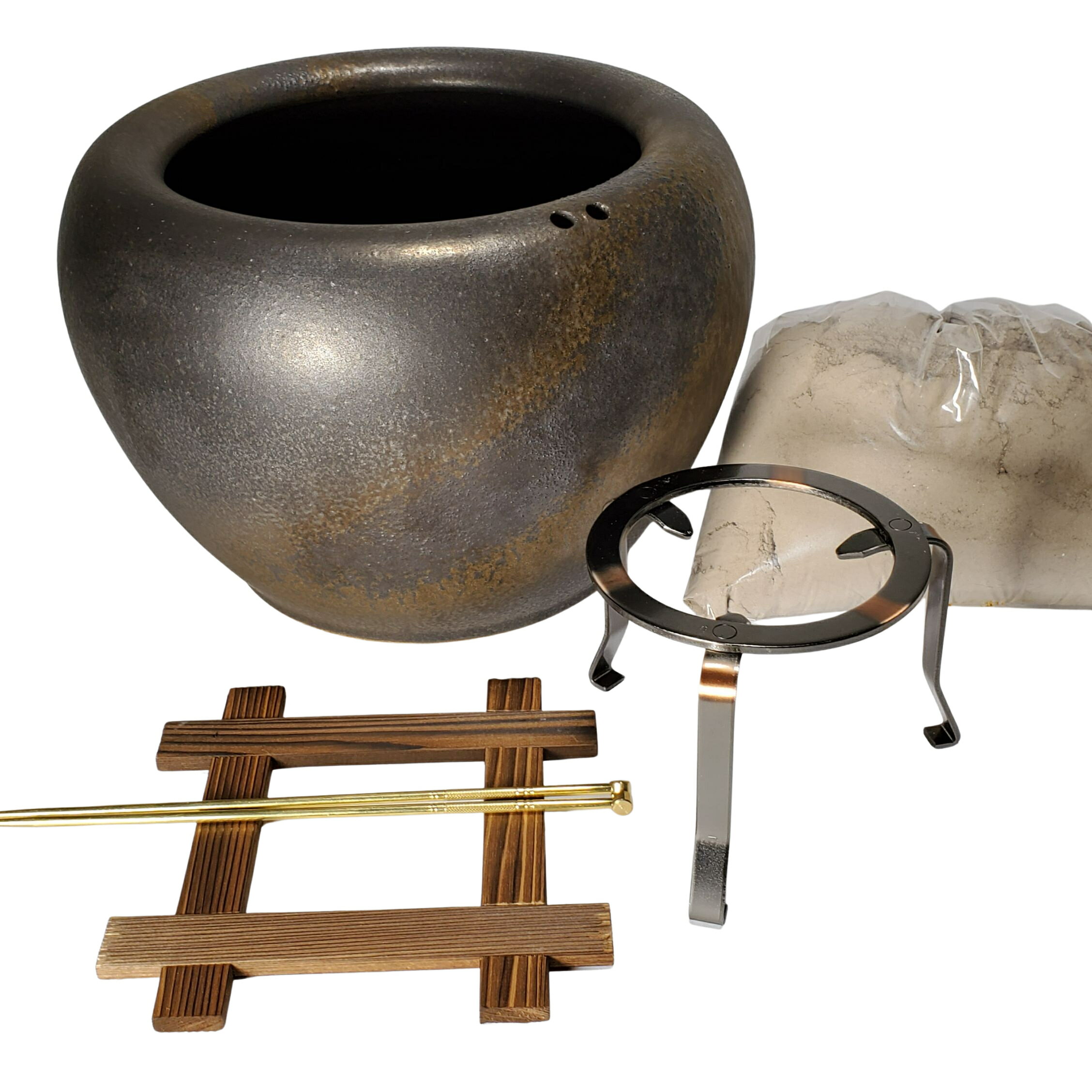 砂釉金彩火鉢 10号 5点 セット　高級本わら灰付き（火鉢・火箸・五徳・井桁・わら灰 ） （高級わら灰 5..