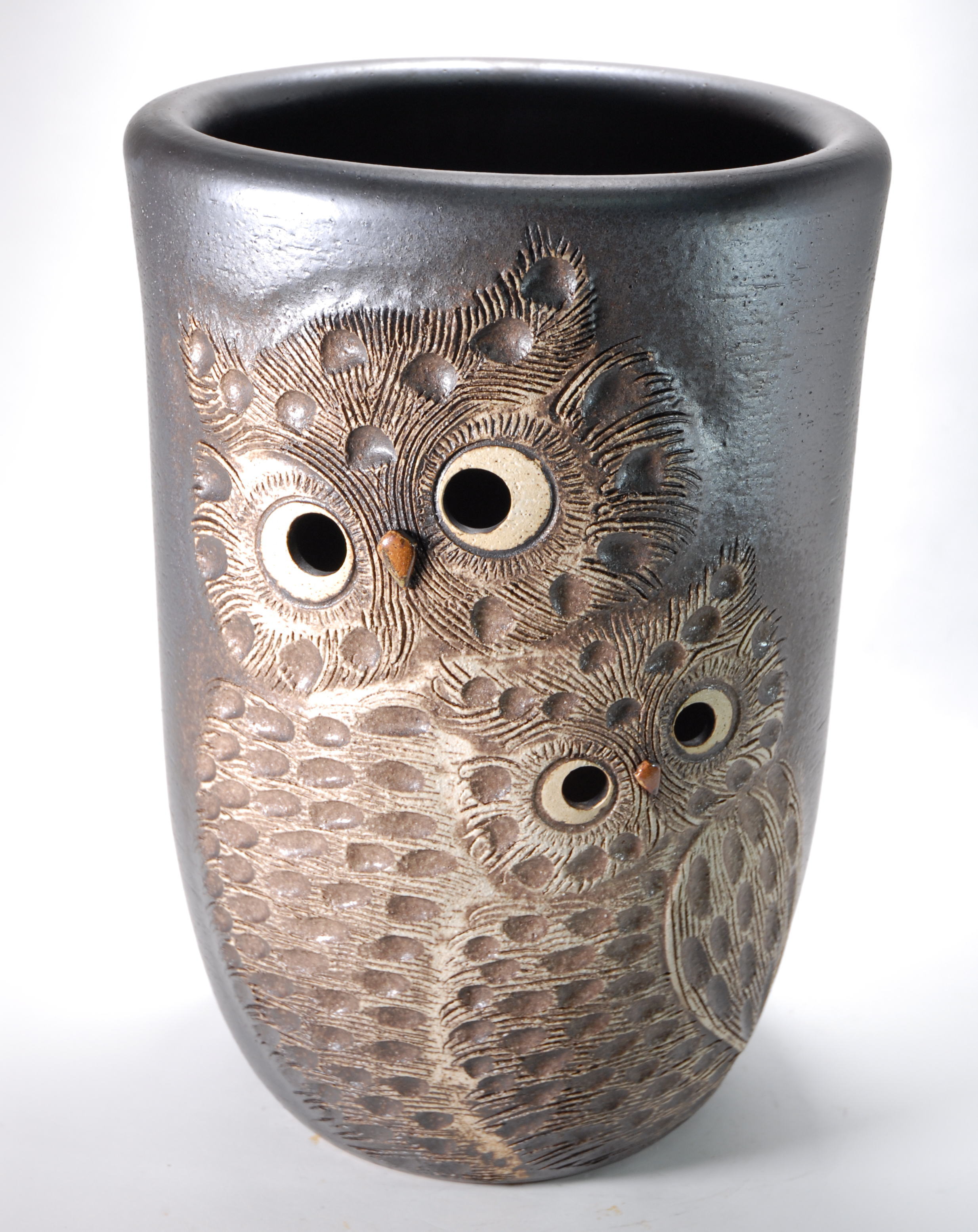 黒マットペアふくろう透し彫傘立　（信楽焼き・陶器・傘立て ・梅雨・玄関・収納・和風・おしゃれ・日..