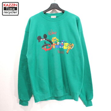 90s USA製 ディズニー ロゴ プリント 長袖 スウェット 古着 ★ 表記Lサイズ ビッグサイズ グリーン
