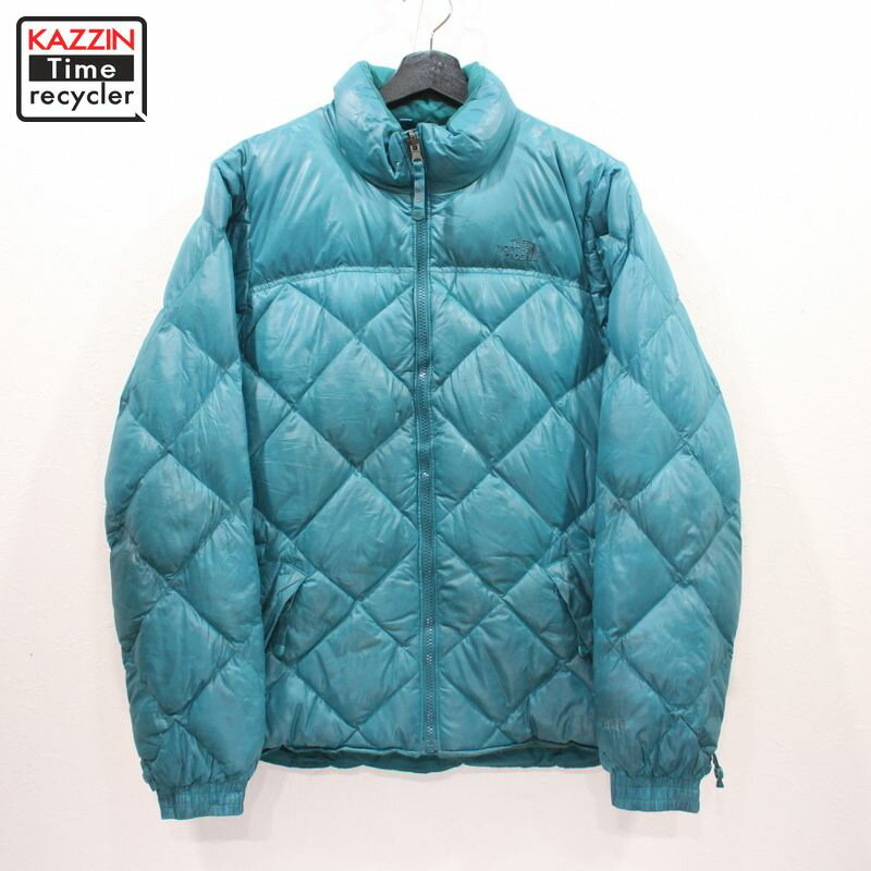 レディース THE NORTH FACE ノースフェイス グースダウン入り ナイロン ダウンジャケット 600フィルパワー 古着 ★ 表記Lサイズ ビッグサイズ ターコイズ ブルー