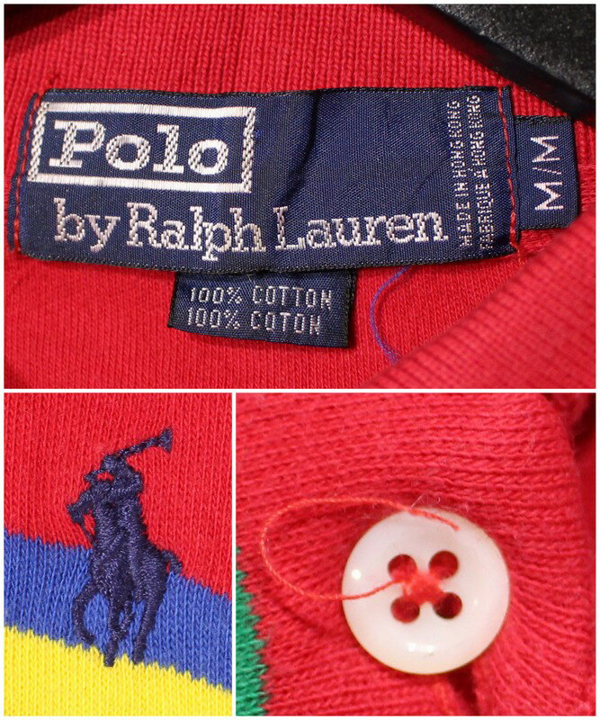 古着 POLO ラルフローレン マルチボーダー 天竺 長袖 ポロシャツ ★ 表記Mサイズ レッド