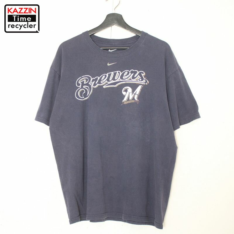 古着 ナイキ MLB ミルウォーキー・ブルワーズ 半袖 プリント Tシャツ ★ 表記Lサイズ ネイビー