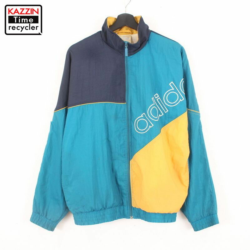 80s アディダス adidas ジップアップ ナイロン ジャケット 古着 ★ 表記Sサイズ ターコイズブルー ネイビー イエロー