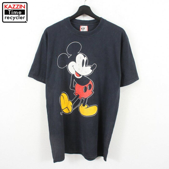 90s USA製 Disney ミッキーマウス 半袖 プリント Tシャツ キャラクター 古着 ★ 表記Lサイズ ブラック