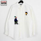 90s ワーナーブラザース ルーニーテューンズ 刺繍 長袖 ボタンダウンシャツ 古着 ★ 表記XLサイズ ビッグサイズ ホワイト