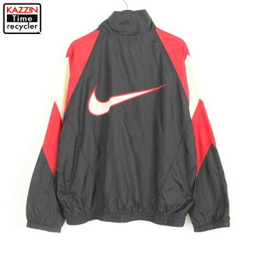 90s ナイキ NIKE ビッグスウォッシュ ジップアップ ナイロン ジャケット 古着 ★ 表記Lサイズ ビッグサイズ オーバーサイズ ブラック レッド ホワイト 2109ss