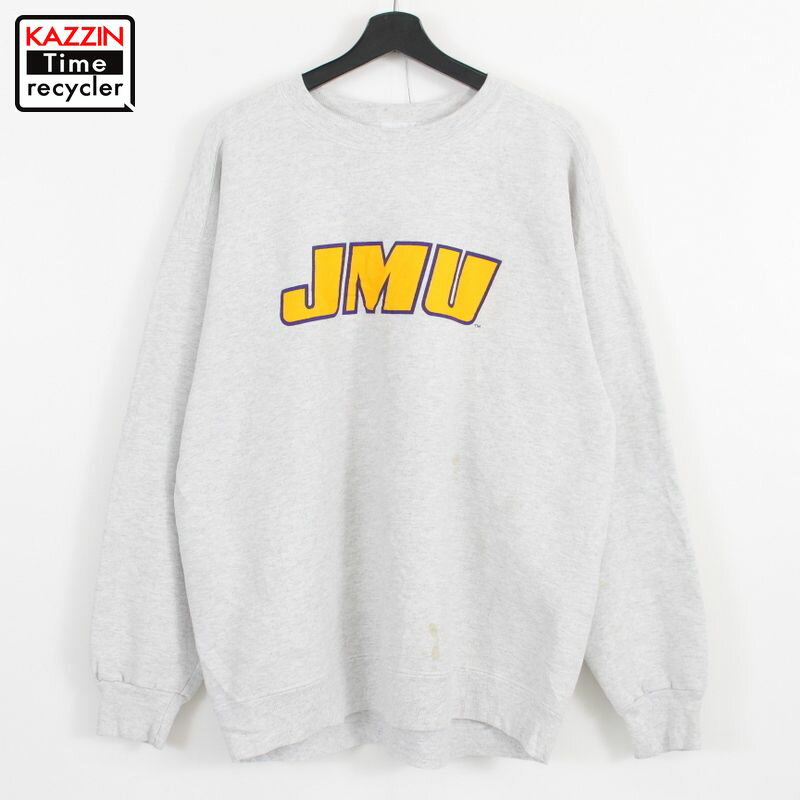 90s USA製 James Madison University カレッジ プリント 長袖 スウェット 古着 ★ 表記XLサイズ ビッグサイズ オーバーサイズ グレー