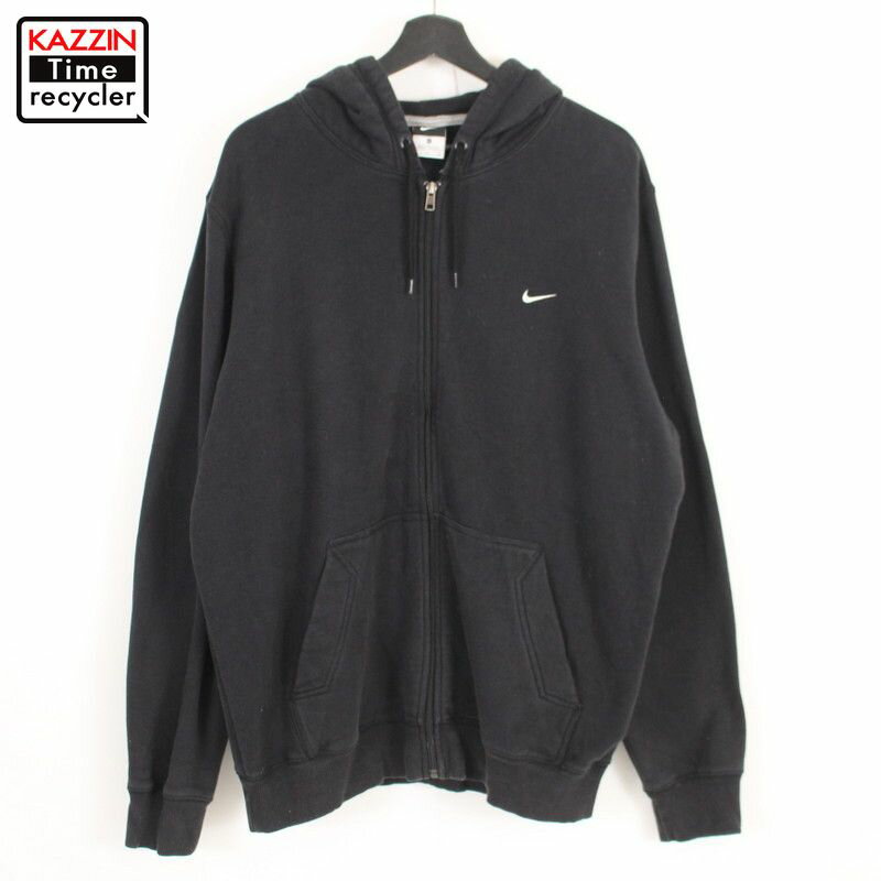 00s ナイキ NIKE ワンポイントロゴ フルジップ スウェット パーカー 古着 ★ 表記XLサイズ ビッグサイズ オーバーサイズ ブラック