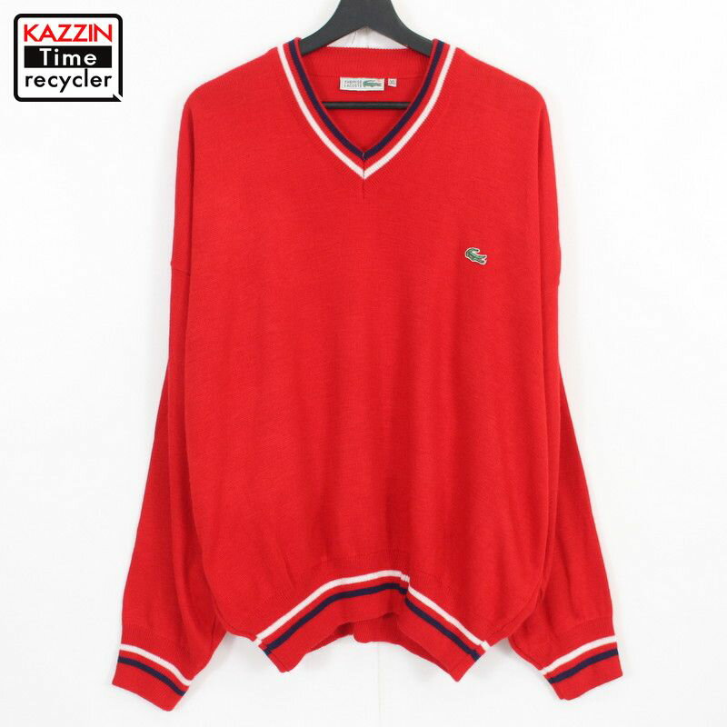 P10倍! 70s ヴィンテージ ラコステ LACOSTE フランス製 Vネック ニットセーター 古着 ★ 表記XLサイズ ビッグサイズ オーバーサイズ レッド