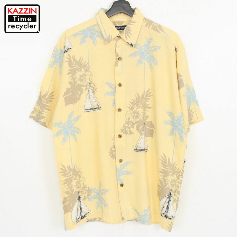 【220511】90年代 ハワイアンシャツ パームツリー 葉っぱ ヨット 総柄 黄 大きいサイズ 中古品 USED