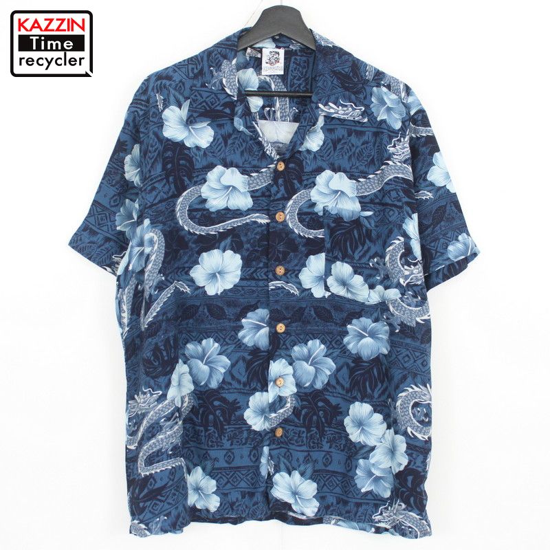 【220518】80年代 ハワイアンシャツ 総柄 開襟 紺 大きいサイズ 中古品 USED